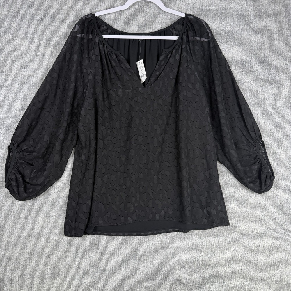 White House Black Market‎ Size-L Women  Blouse Texture Sheer Bkack 3/4 sleleve